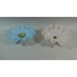 A Pair of Vintage White and Blue Glass Ceiling Light Shades, Each 28cm Diameter