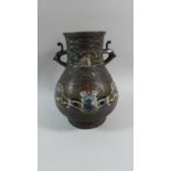 An Oriental Bronze Two Handled Vase with Cloisonne Decorated Borders to Body and Neck, 31cm High