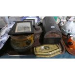 A Tray Containing Five Vintage Tins, Four Framed Prints and a Dome Topped Wooden Box