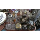 A Tray Containing Various Glassware to Include Carnival Glass Bowl, Glass Paperweight, Inkwell,