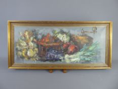 CFA Key, an Oil on Board Still Life, depicting copper pots and vegetables, approx 76 x 36 cms, in