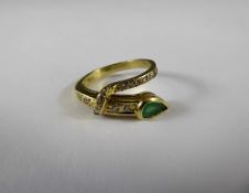 A Lady's 14ct Yellow Gold Emerald and Diamond Serpent Ring, the tear-drop emerald approx 6 x 4 mm,