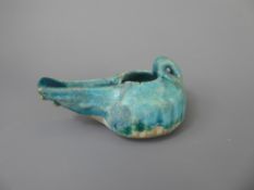 An Antique Persian/Iranian Ceramic Turquoise Oil Lamp, with polygonal body and flattened rectangular