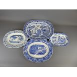A Large Blue and White Meat Platter, depicting the willow pattern design, approx 45 x 36 cms, a blue
