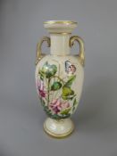 A Victorian Urn-Shaped Opaline Vase, depicting fuchsias and butterflies, approx 32 cms high with