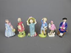 Six Royal Doulton Figurines, including 'Little Boy Blue', Boy from Williamsburg', 'Make Believe', '