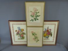 Four Floral Prints, the first two depicting a delicate pink rose and a climbing dog rose, signed A.