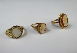 Two 9ct Gold Cameo Rings, size H and M respectively, together with a gentleman's 9ct white stone