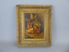 A Contemporary Canvas, depicting 'Chickens & Cockerel', approx 22 x 17 cms, framed.