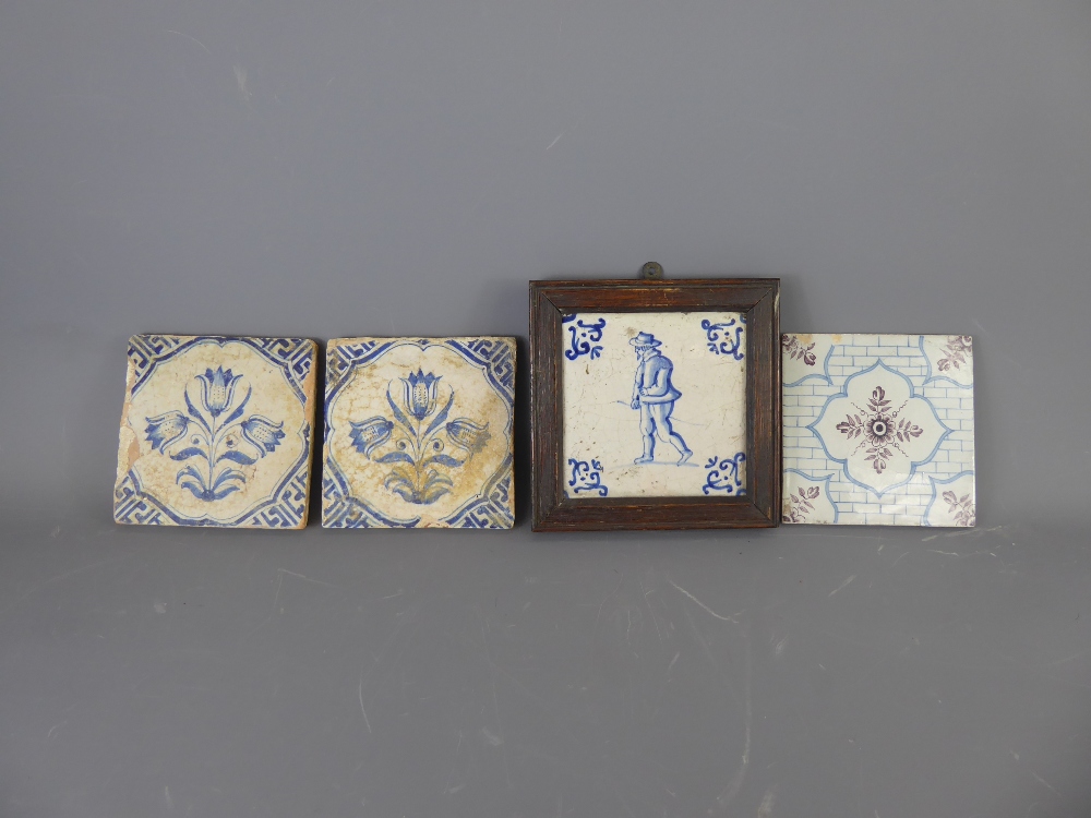 Four Blue and White Delft Tiles, three Dutch and English polychrome.