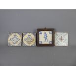 Four Blue and White Delft Tiles, three Dutch and English polychrome.