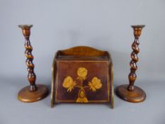 A Stationary Stand, with decorative floral inlay, approx 25 x 28 cms, together with two barley-