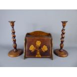 A Stationary Stand, with decorative floral inlay, approx 25 x 28 cms, together with two barley-