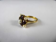 A Vintage 9ct Yellow Gold Garnet and Pearl Ring, the garnets approx 4 x 4 mm and pearls 3 mm, size