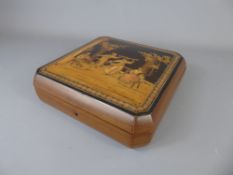 An Italian Olive Wood Inlaid Trinket Box with 'Bellagio' inscribed to front of the lid, depicting