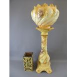 A Victorian Hand-Painted Pottery Jardiniere and Stand, (approx 94 cms total high x 33 cms dia. of