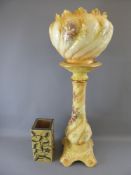 A Victorian Hand-Painted Pottery Jardiniere and Stand, (approx 94 cms total high x 33 cms dia. of