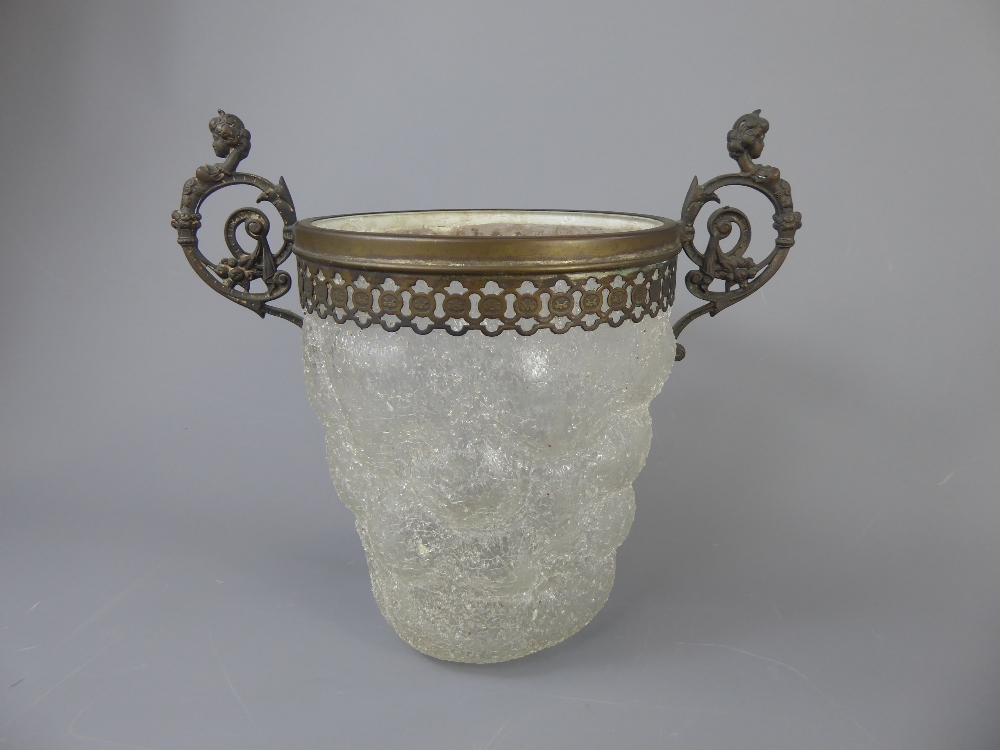 An Antique Crackle-Glaze Glass Ice Bucket, in the form of ice cubes, having an ornate brass rimmed
