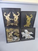 Four Thai Paintings on silk, in gold and silver coloured thread, three depicting the God Sita,