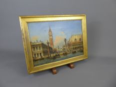 An Antique Oil on Canvas, depicting St Marks Square and Bell Tower Venice, approx 29.5 x 20.5 cms,