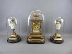 A Late 19th Century French Gilt Brass Champleve Enamel Mantel Clock and Garniture,