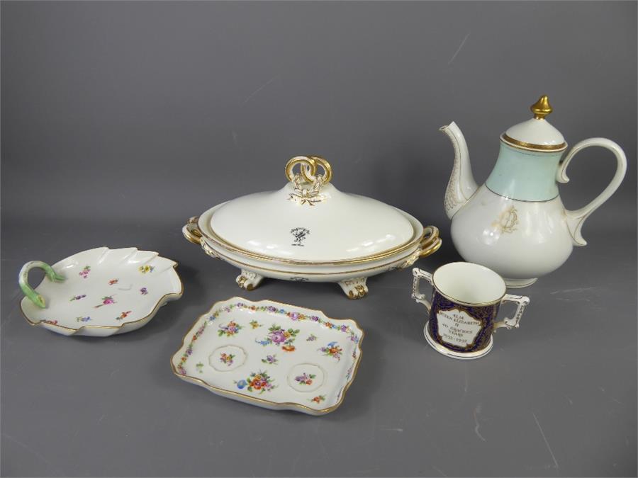 A Meissen Bon Bon Dish, crossed swords to base, a Dresden Ink Stand Tray together with a Royal Crown
