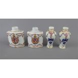 A Pair of Antique Continental Canisters, hand painted with floral garlands and coat of arms,