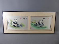 A Chinese Hand-Painted and Embroidered Silk Painting Depicting Pandas
