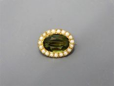 An Antique 9ct Gold Tourmaline and Seed Pearl Brooch.