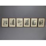 Six Black and White Dry Point Etching Prints, depicting Parisian scenes.