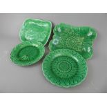 A Quantity of Green Wedgwood Majolica Plates, comprising six cabbage, two rectangular lily pad, four