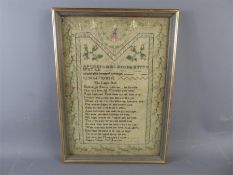 A Charming 18th Century Sampler.