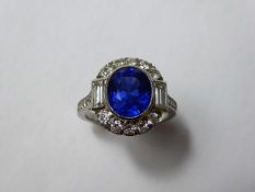 An Art Deco Circa 1925 Natural 4.2 ct Royal Blue Burmese Sapphire and Diamond Ring