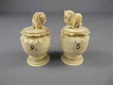 A Pair of Antique Carved Ivory Salt and Pepper Shakers (Pre-1947)