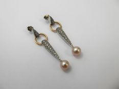 A Pair of 14ct Yellow/White Gold Diamond and Pink Pearl Earrings