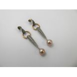 A Pair of 14ct Yellow/White Gold Diamond and Pink Pearl Earrings