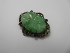 An Antique Chinese Apple Green Jade and Silver Brooch