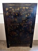 A Chinese Late 19th Century Elm Qing Dynasty Black Lacquer Armoire