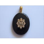 Antique 18 ct Yellow Gold and Black Stone Seed Pearl Mourning Pendant