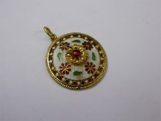 An 750 Stamped Yellow Gold Enamel Disk Pendant