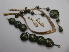 Antique Turquoise Mosaic and Gold Metal Pendant and Bracelet Set