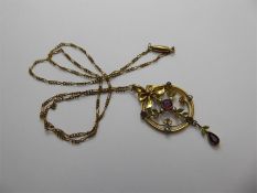 An Edwardian Amethyst-Style Yellow Metal and Seed Pearl Pendant and Chain