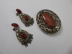 A Chinese Silver-Metal and Stone Brooch and Earrings