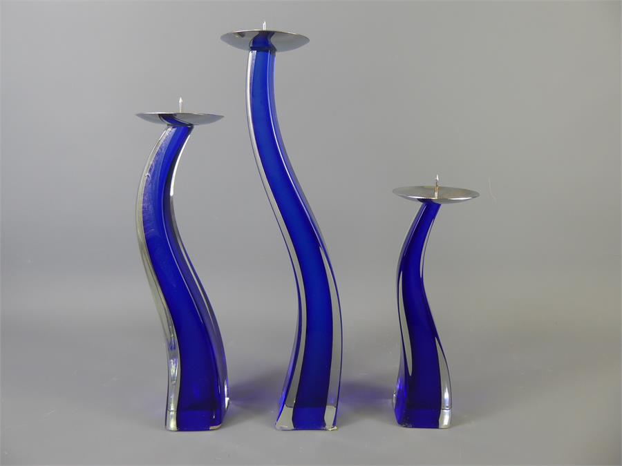 Giuliano Tosi Murano Trio Graduated Blue Glass Candlesticks