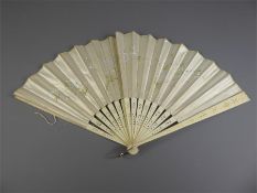 An Antique Ladies Bone and Hand-Painted Cream Silk Fan