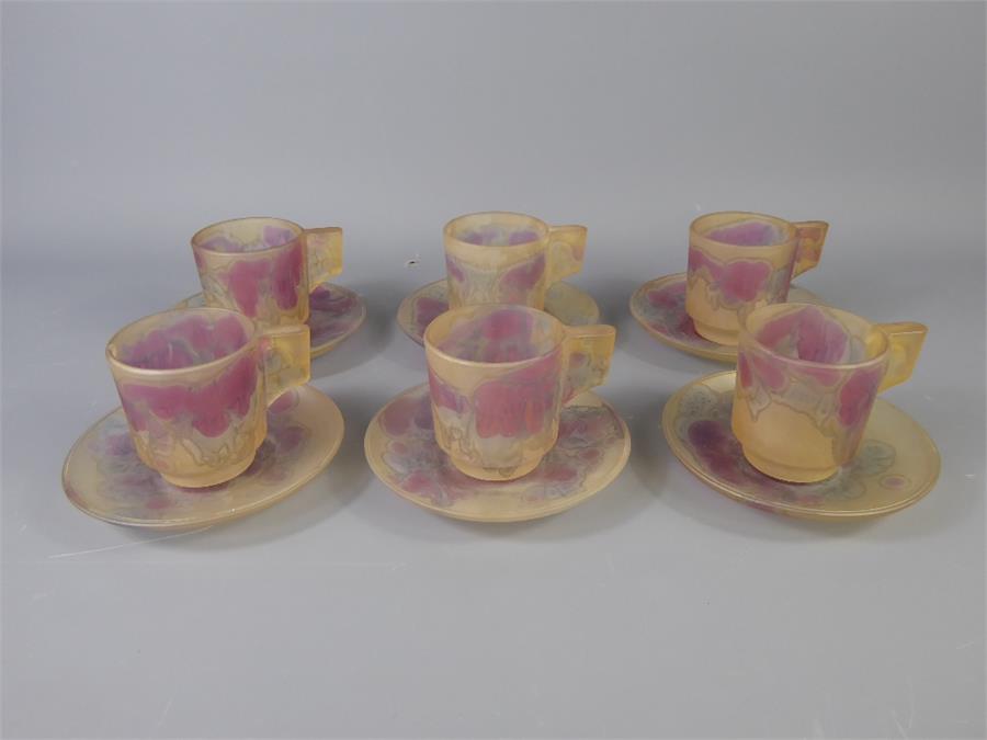 Art Deco Set of Six Frosted Glass Espresso Cups and Saucers