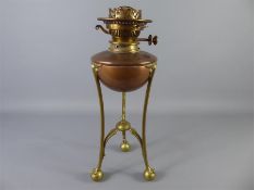 A W.A.S Benson Arts and Crafts Oil Lamp, with copper reservoir (no globe or funnel), approx 53 cms