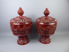 A Pair of Oriental-Style Lacquered Wood Jardinieres and Covers