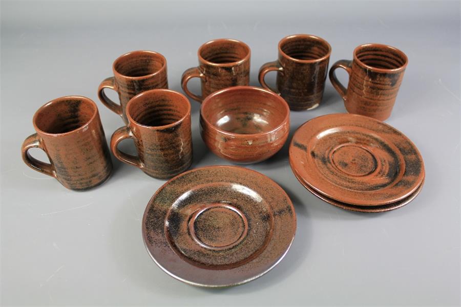 Brendon Pot, Six Stoneware Cups, Sugar Bowl.