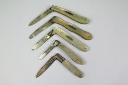 Five Silver Hallmarked Mother of Pearl Fruit Knives.